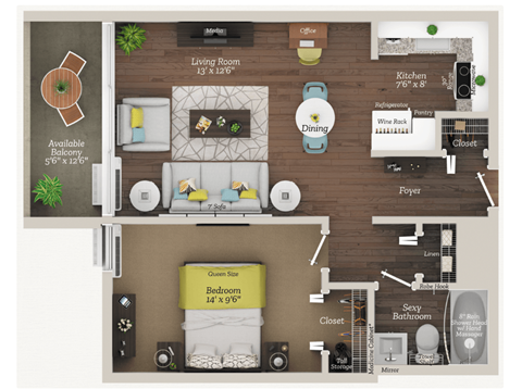 Floor plan for 1 bed, 1 bath, 550 sqft